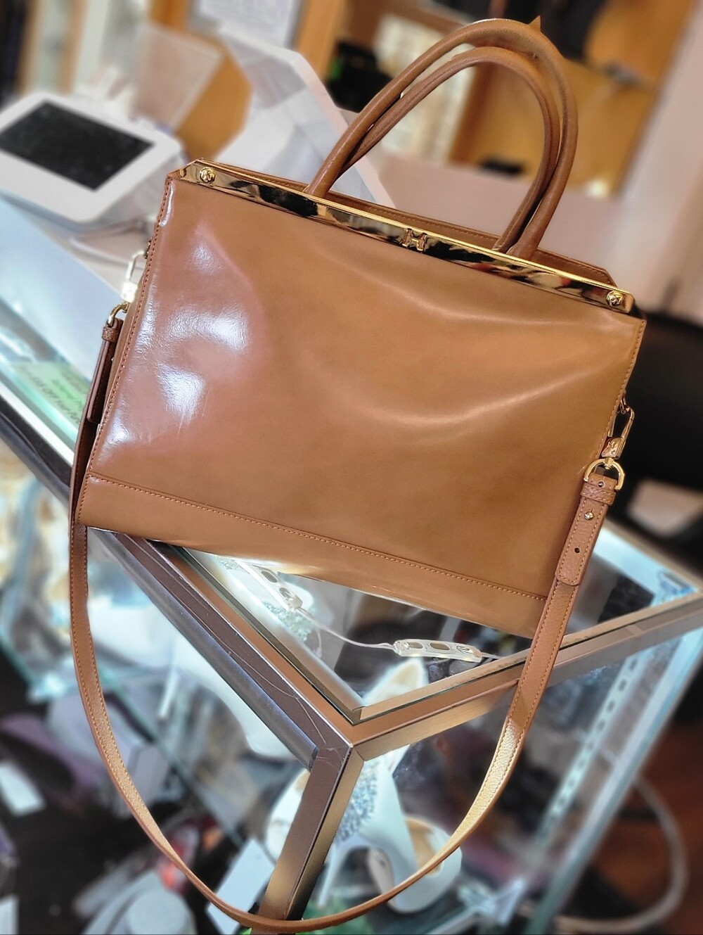 Halston Heritage Cognac Leather Satchel with Gold Trim